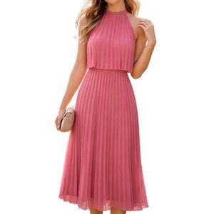 ASOS Pleated Halter Midi Dress Pink Chiffon Fit & Flare Size US 4